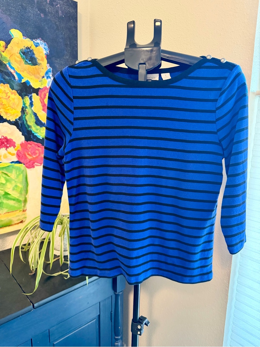 Chico’s Blue & Black Striped 3/4 Sleeve Top – Size 1